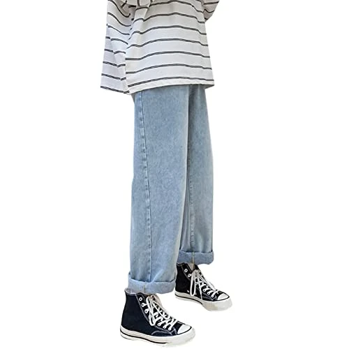 Jeans for Men Denim Pants Elastic Waist Pants Wide Leg Street Loose Fit Straight Leg Jeans, light blue, XL