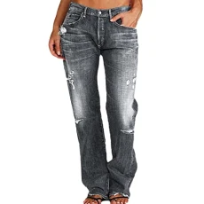 Jeans with straight leg for women, jeans with torn hem and low waist for women, short trousers, gray, XS Jeans with straight leg for women, jeans with torn hem and low waist for women, short trousers, gray, XS