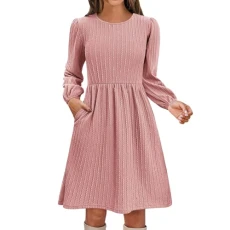 Jersey Dresses for Women UK Knitted Jacquard Long Sleeve A Line Tunic Dress Ladies Solid Color Trendy Round Neck Midi Dress A Shape Flowy Dresses Wrap Waist Casual Dress(Pink,M)