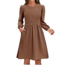 Jersey Dresses for Women UK Knitted Jacquard Long Sleeve A Line Tunic Dress Ladies Solid Color Trendy Round Neck Midi Dress A Shape Flowy Dresses Wrap Waist Casual Dress(Khaki,XXL)