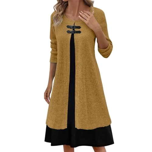 Jersey Dresses For Women Uk Midi Knee Length Long Sleeve Sweater Dress Winter Dresses Thermal Knitted Long Dress Ribbed Knitwear Stretchy Casual Warm Dress Round Neck Colour Block Dress