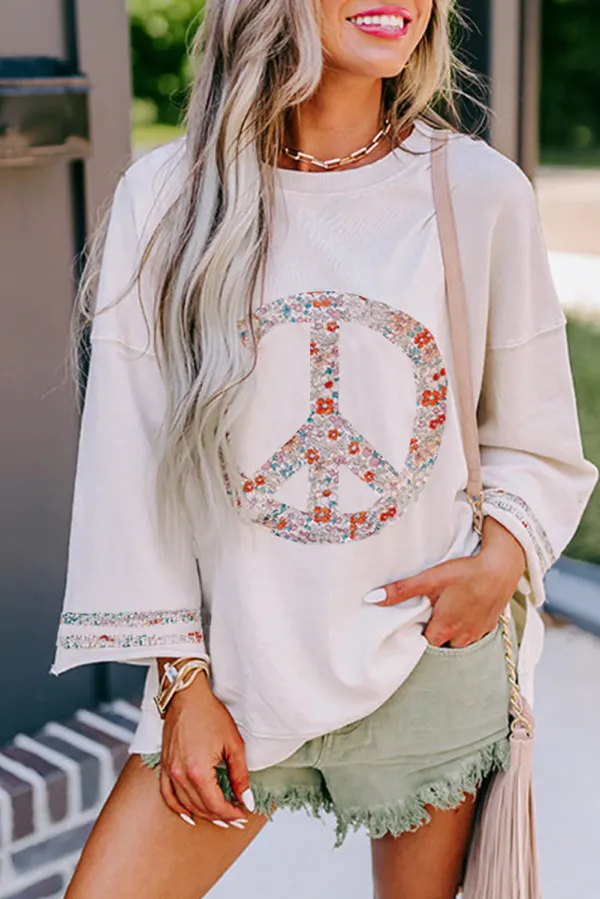 Jet Stream Floral Peace Sign Graphic Drop Shoulder Wide Sleeve Casual Top - JET STREAM / / 70%POLYESTER+%COTTON - JET STREAM