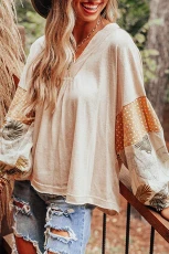 Jet Stream Palm Leaves Polka Dot Puff Sleeve Patchwork V Neck Loose Blouse - JET STREAM / / 65%POLYESTER+%VISCOSE+%ELASTANE Jet Stream Palm Leaves Polka Dot Puff Sleeve Patchwork V Neck Loose Blouse - JET STREAM / / 65%POLYESTER+%VISCOSE+%ELASTANE