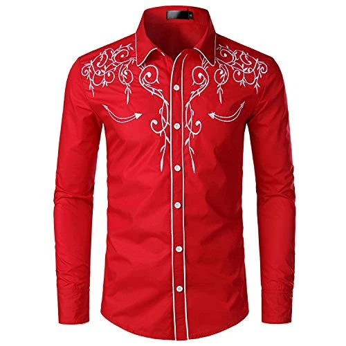 JINYAUN Stylish Western Cowboy Shirt Mens Embroidery Slim Fit Casual Long Sleeve Shirts Mens Wedding