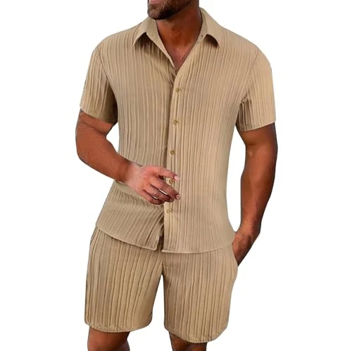 Jogging Suit Men's Summer Jogging Suit 2-Piece Button Short Sleeve Lapel Shirt Shorts Beach Drawstri