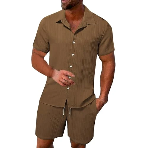 Jogging Suit Men's Summer Leisure Suit 2-Piece Button T-Shirt Short Sleeve Shorts Beach Drawstring S