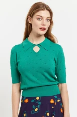 Josephina Raindrops Textured Short Sleeve Collared Sweater Green