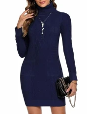 Jumper Dress for Women Ladies Long Sleeve Knitted Bodycon Sweater Dress with Pockets Turtle Neck Slim Fit Pulover Knitwear for Winter Autumn