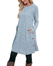 Jumper Dress for Women Long Sleeve Dress Ladies Button Tunic Dress with Pockets Light Blue Size 10-12