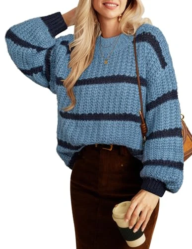 Jumpers for Women Autumn Winter Crew Neck Daily Elastic Sweater Navy Blue Stripes L