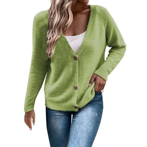 Jumpers For Women Casual Long Sleeve Fleece Sweater Vintage Solid Color Soft Knitted Sweater Lightweight Button Kitting Shirt Fall Warm Stretch Knitwear(GN3,L)