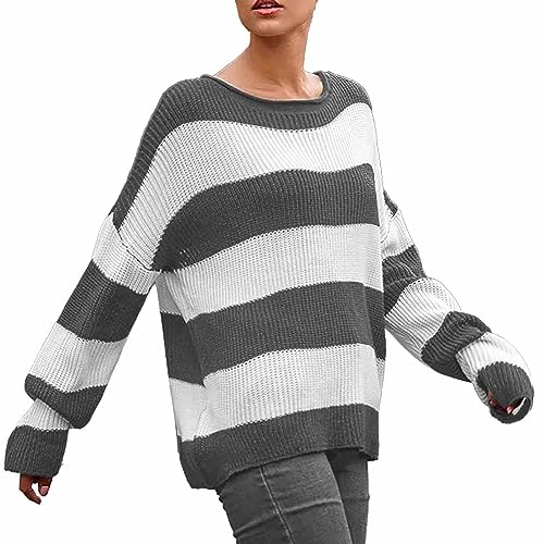 Jumpers for Women UK Cute Women Check Knit Sweater Cardigans Y2K Gifts for Mum Outdoor Hiking Women's Autumn and Winter New Round Neck Stripe Contrast Knitted Sweater Sale Clearance Grey