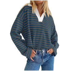 Jumpers Womens Long Sleeve Polo Shirt Striped Oversized Tops Casual Cotton Pullover Cute V Neck Collared Sweatshirts Dressy Tunic Blouses Ladies Jumpers Trendy Preppy Clothes