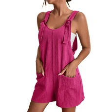 Jumpsuit for Women Uk Women's Tie Shoulder Overall Shorts Scoop Neck Romper Jumpsuit with Pocket Misses Dressy Jumpsuit (A-Purple, XL) Shorts Dungarees for Women Uk Painting Overalls for Women Rompers