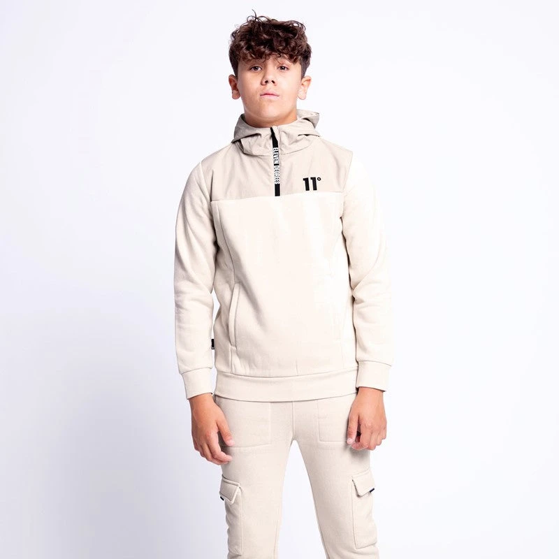 Junior Mixed Fabric Quarter Zip Hoodie - Stone