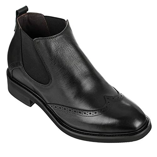 K28802-3 Inches Taller - Size 7 UK- Height Increasing Elevator Shoes (Black Slip On Wing-tip Formal Dress Ankle Boots with Elastics)