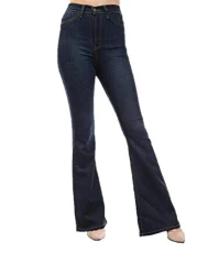 KH 60s 70s Ripped Distressed Denim Flares Faded Wide Flared Jeans - Blue Waist Stretch Denim Thin Women's Jeans