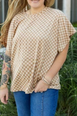 Khaki Checkerboard Short Batwing Sleeve Round Neck Plus Size T Shirt - KHAKI / 1X / 90%POLYESTER+%ELASTANE