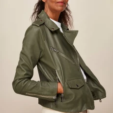 Khaki Green Agnes Pocket Leather Jacket