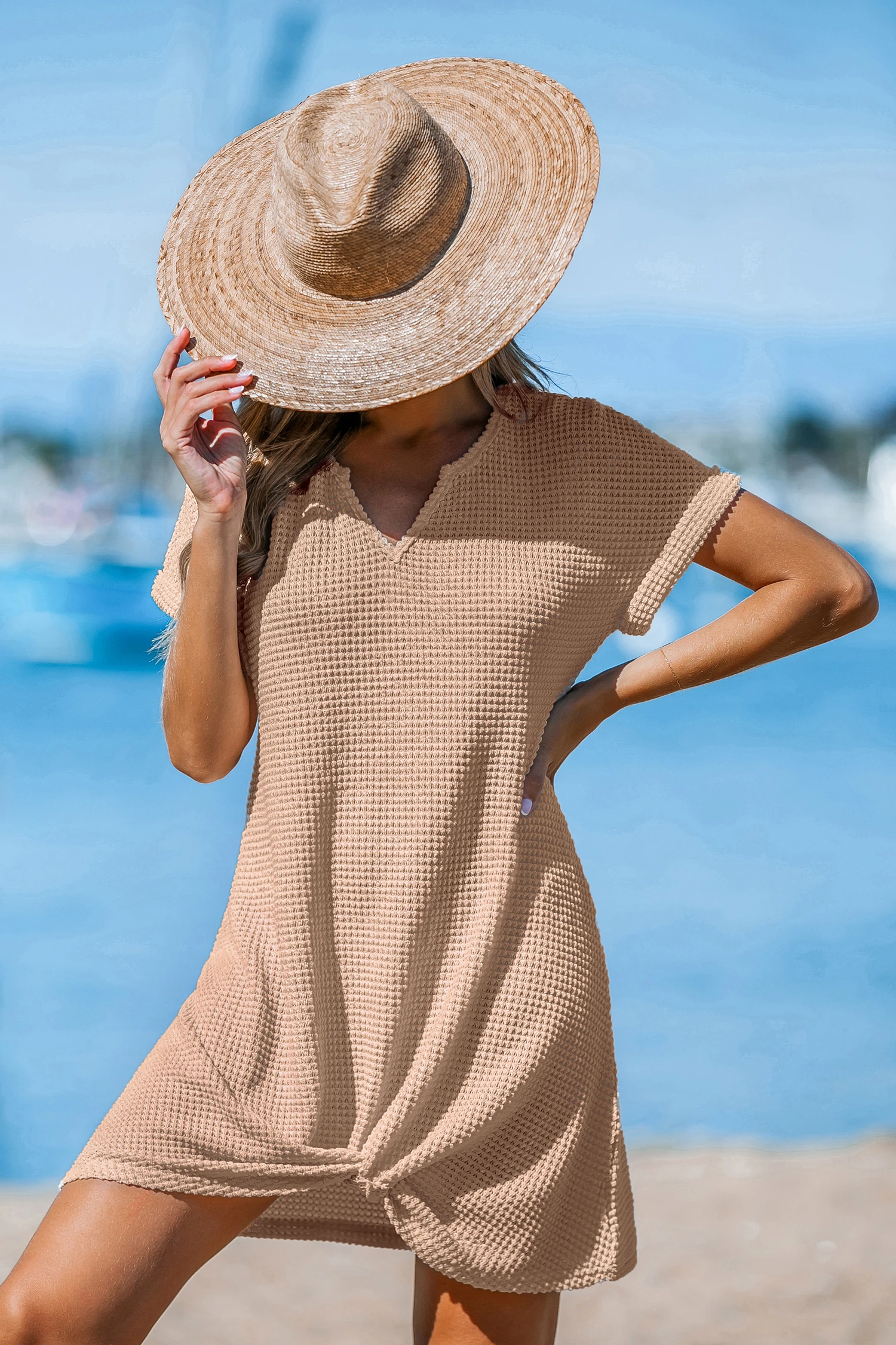 Khaki Notched Neck Short Sleeve Cover-Up Dress