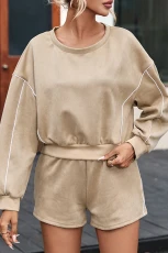 Khaki Piping Trim Long Sleeve Terry Shorts Set - KHAKI / / 90%POLYESTER+%ELASTANE
