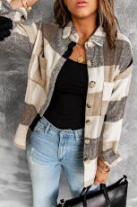 Khaki Plaid Colour Block Buttoned Long Sleeve Jacket with Pocket - KHAKI / / 95%POLYESTER+%SPANDEX Khaki Plaid Colour Block Buttoned Long Sleeve Jacket with Pocket - KHAKI / / 95%POLYESTER+%SPANDEX