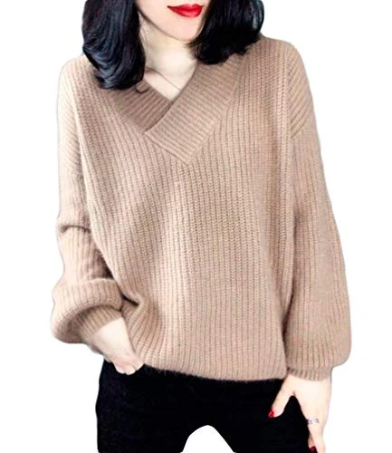 Khaki Pullover Sweaters for Women Long Sleeves Knit Tops V-Neck Off Shoulder Casual Slouchy Sweater Khaki S