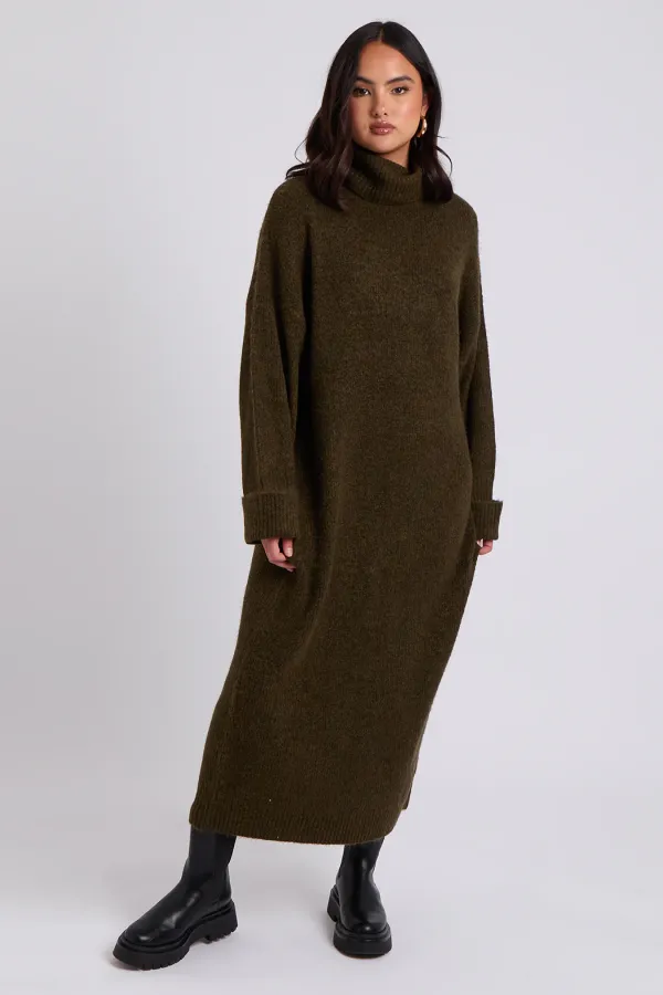Khaki Roll Neck Midaxi Dress L