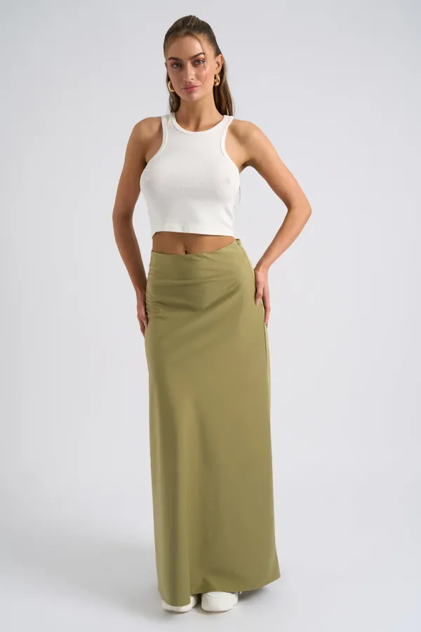 Khaki Satin Bias Cut Maxi Skirt