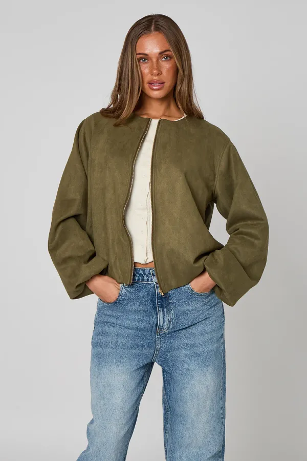 Khaki Suede Bubble Hem Jacket