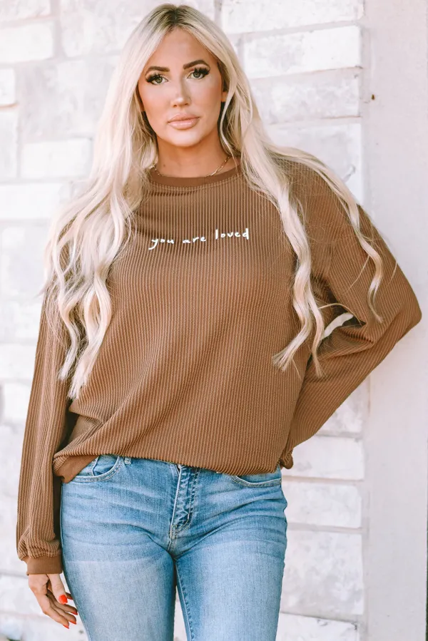 Khaki You Are Loved Print Corduroy Sweatshirt - KHAKI / / 75%POLYESTER+%VISCOSE+%ELASTANE - KHAKI