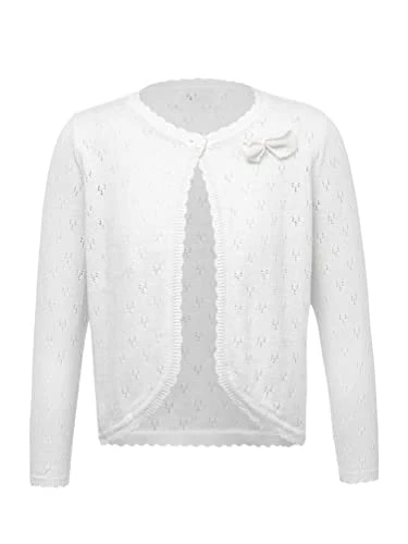 Kid Girls Casual Long Sleeve Ruffle Edge One Button Closure Front Knit Cardigan Solid Color Outwear Sweater Bowknot White 7-8 Years