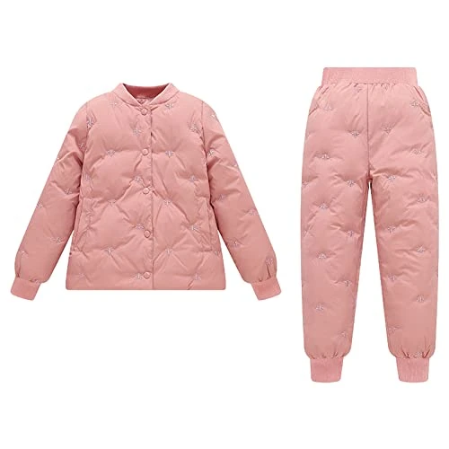 Kids 2 Piece Snowsuit - Winter Duck Down Jackets + Snow Pants with Cute Embroidery - Warm Lightweight Outerwear Suits Pink 7-8 Years
