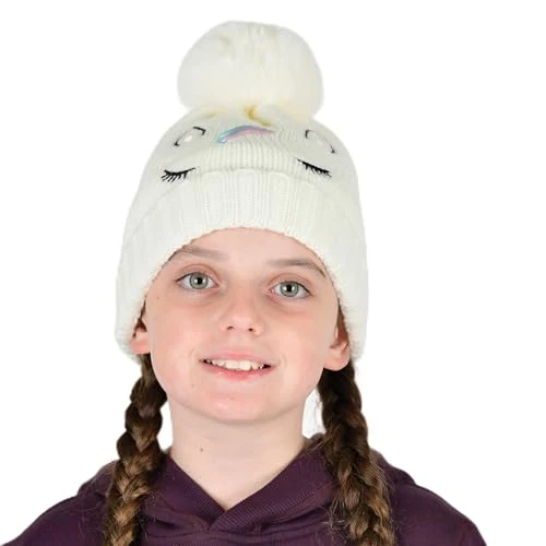 Kids Embroidered Unicorn Beanie, White, Childs One Size