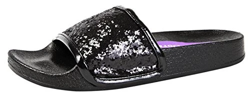 Kids Fur Sliders Fluffy Mules Slippers Flip Flops Flat Sandals Girls Shoes Size Glitter Black