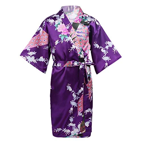 Kids Girls Peacock Satin Kimono Robe Bathrobe Pajamas Nightgown for Party Wedding Fancy Sleepwear Purple 5-7 Years