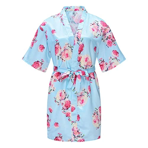 Kids Girls Short Sleeve Cotton Kimono Bathrobe Soft Lightweight Bridesmaid Wedding Party Sleep Gown Loungewear Light Blue 5-6 Years