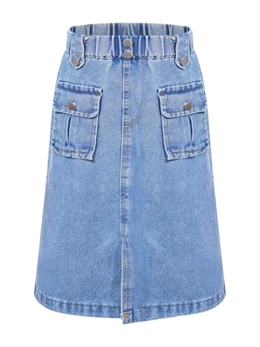 Kids Girls Solid Color Casual A Line Denim Skirt Button Front Midi Jeans Skirt Cargo Cowboy Skirt with Pocket Blue 9-10 Years