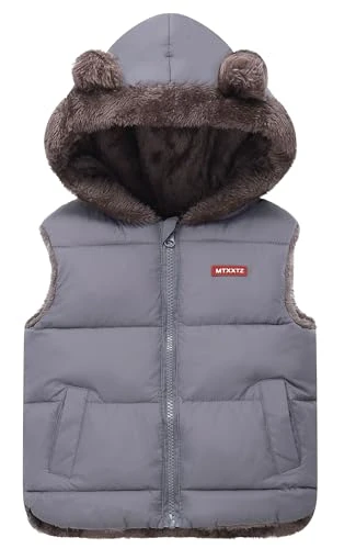 Kids Sleeveless Jacket Hooded Zipper Up Pockets Winter Outerwear Padded Vest Quilted Gilet Grey 3-4 