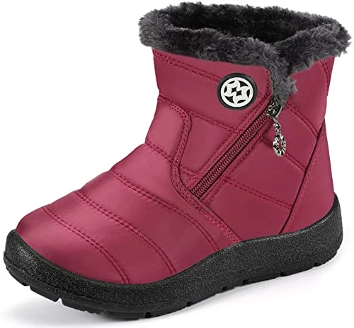 Kids Snow Boots Boy's Girl's Warm Fur Lined Boots Winter Outdoor Waterproof Ankle Booties Shoes Wine