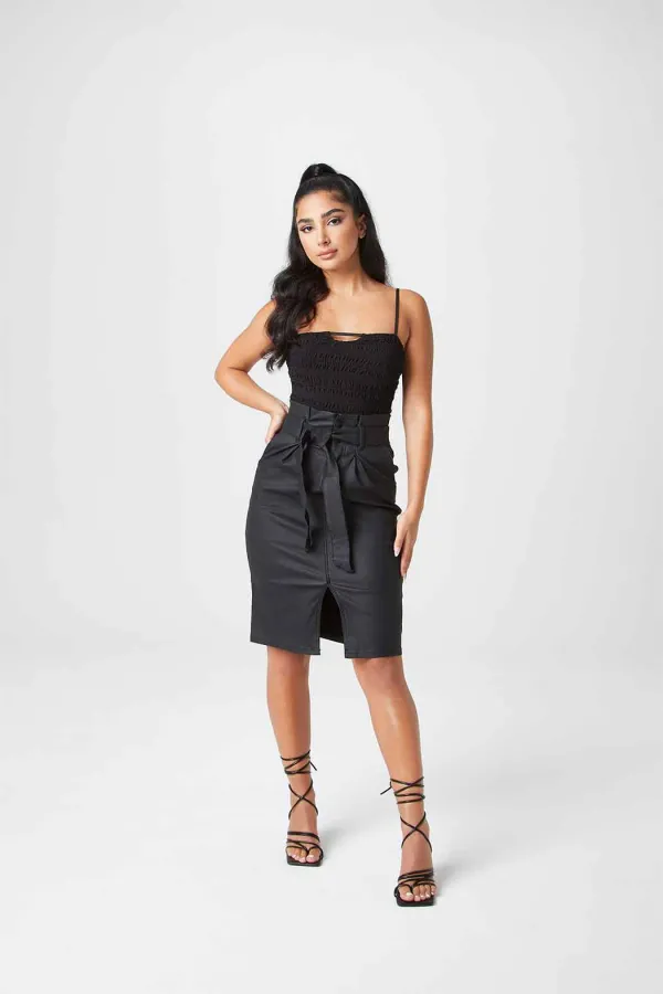 Kimmy Coated Paperbag Skirt - Black
