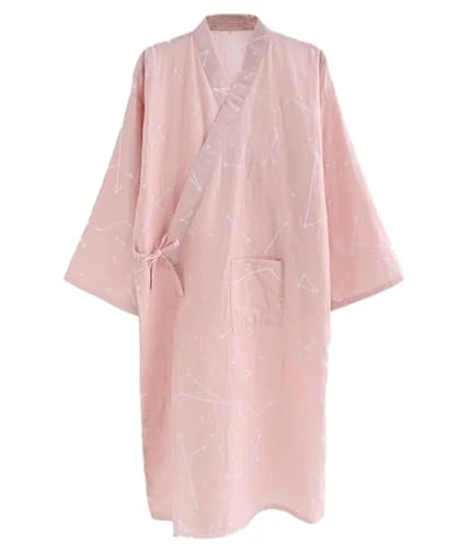 Kimono Cotton Robe, Yukata, Long Kimono Dressing Gown, Japanese Clothing, 100% Cotton Nightgown (UK, Alpha, M, Regular, Regular, pink)