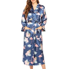 Kimono Robe Womens Satin Robe with Flamingo Printing Design Bride Bridemaids Dressing Gown Soft Sleeve Robe Women Robe Kimono Sleepwear Silk Robes Nightgown Bridesmaid Long Sleeve
