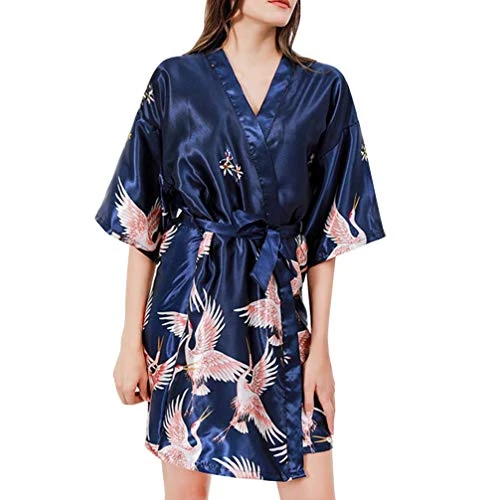 Kimono Robes V-Neck Bridesmaids Short Satin Nightgown Women Bathrobe (Blue L)