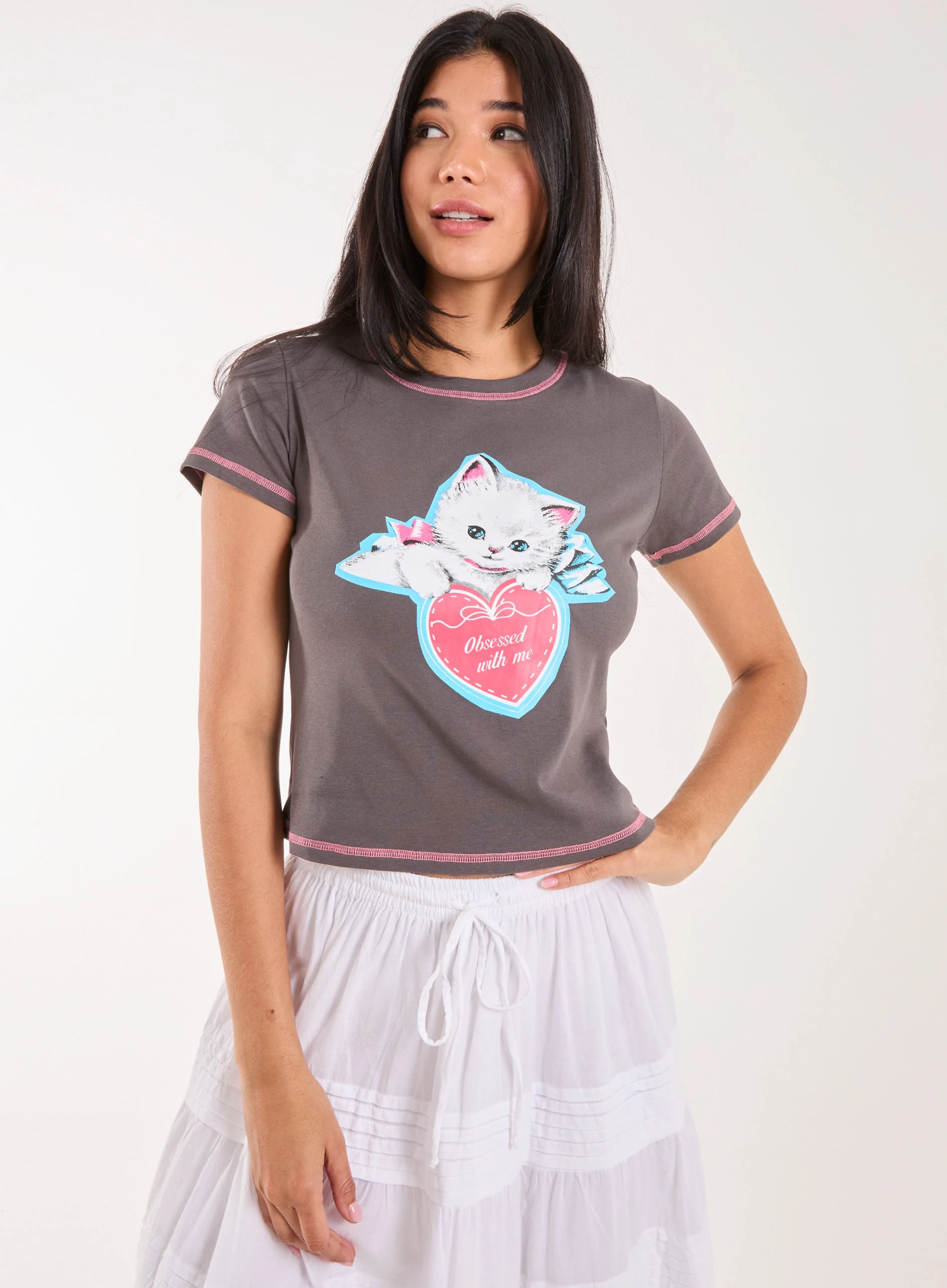 Kitten Print Baby Tee - S/M - Slate