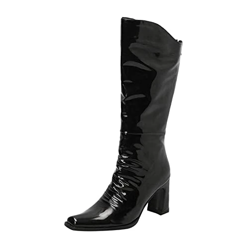 Knee Boots Women Women High Heel Boots Autumn and Winter Fashion Simple and Solid Color Foreign Trade Large Comfortable Square Heel Clear Heels for Women (Black, 4)