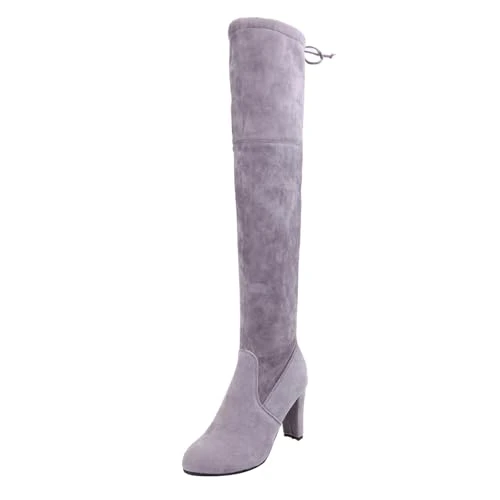 Knee High Boots Women - Women Block Heel Over The Knee Boots Simple Stretch Boots Round Toe Zip High