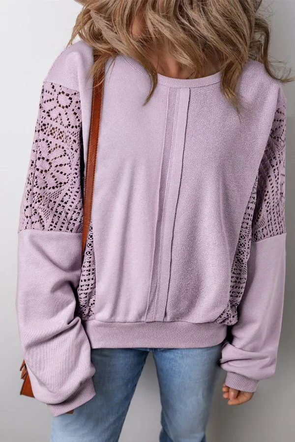 Knit Crochet Exposed Seam Ribbed Trim Sweatshirt - ORCHID PETAL / / 59%POLYESTER+%COTTON