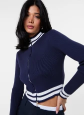 Knitted Cardigan Contrast Tipping / NAVY