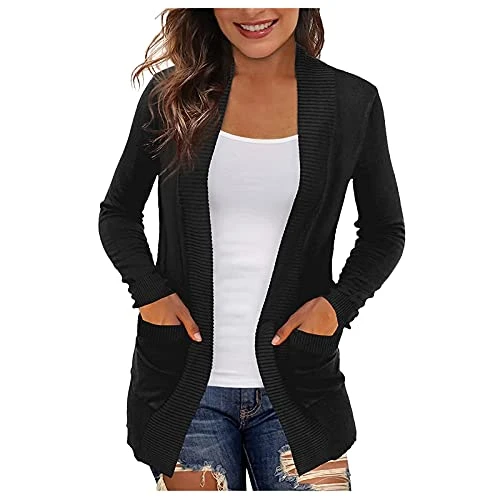 Knitted Cardigan Lightweight Casual Womens Knitwear Solid Colour Sweater for Women UK Clearance Long Sleeve Autumn Thin Jackets with Pockets Open Front Cardigans Elegant Temperament Overcoat Black